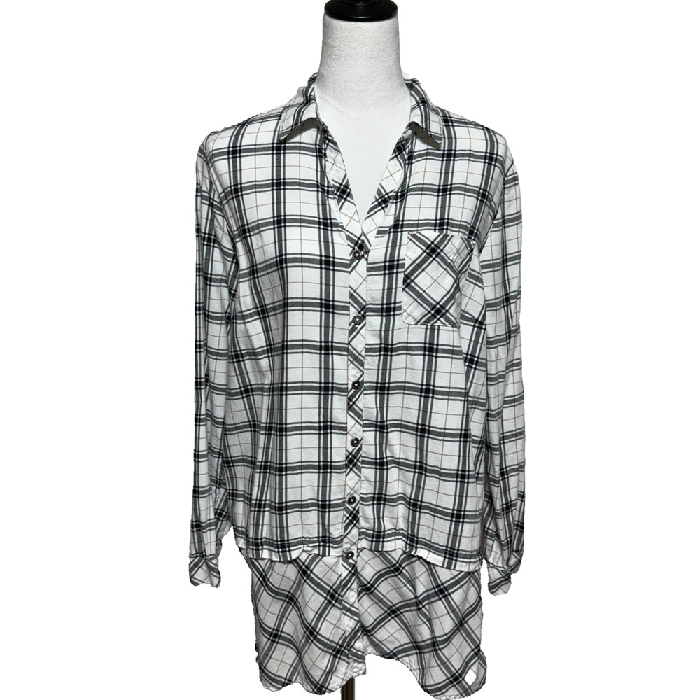 J Jill Top Womens Medium White‎ Black Plaid Peplum Tunic Minimalist Button Up